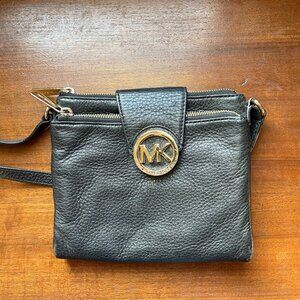 Michael Kors Black Leather Accordion Crossbody Wallet Bag Gold MK Logo